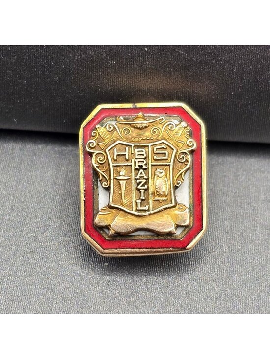 Estate Jewelry - Vintage Brazil 13k Gold Guilloche Enamel Coat of Arms Shield Academic Brooch Pin